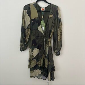 FARM Rio Olive and Black Bird Print Long Sleeve Dress
